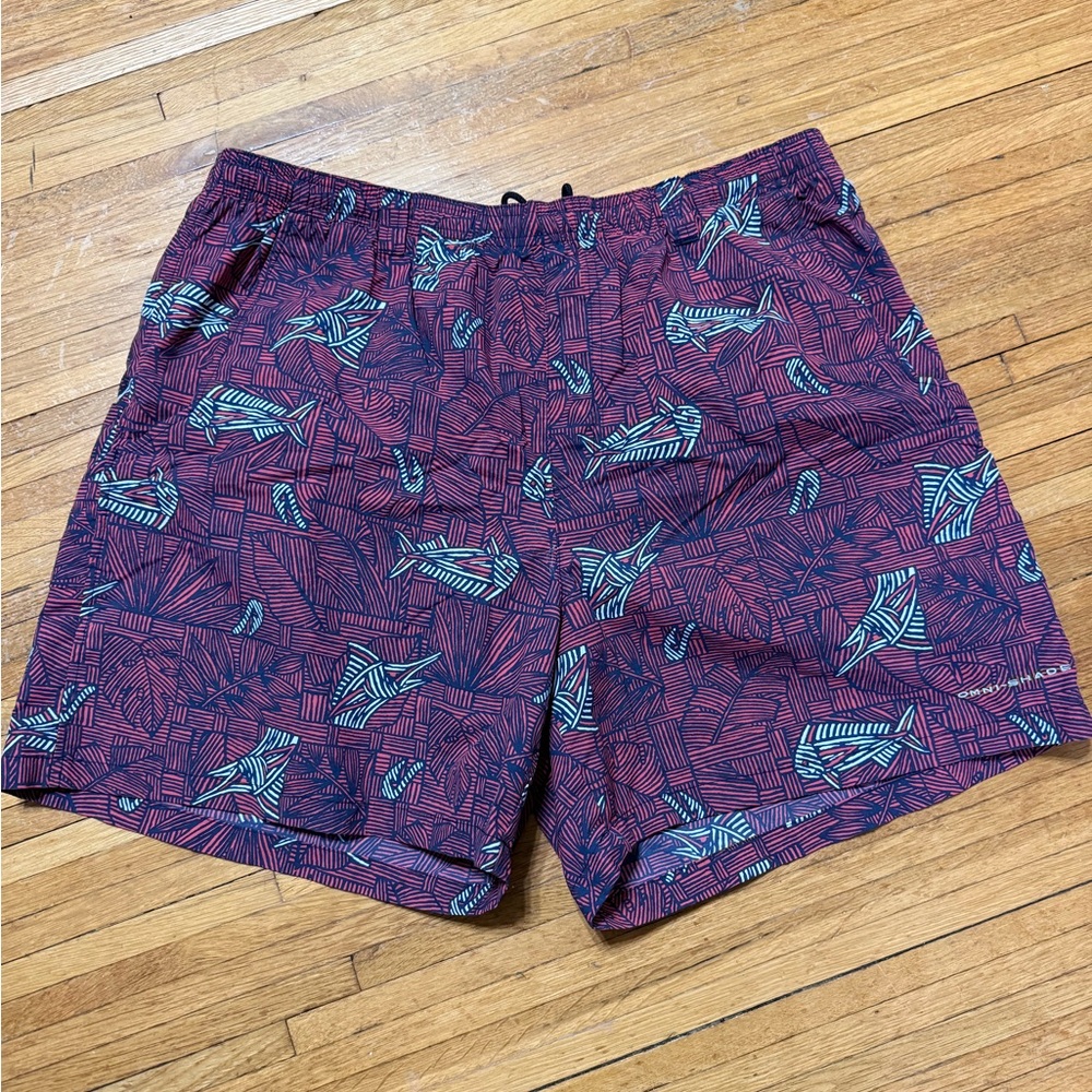 Columbia Burgundy Swim Trunks with Teal Fish Print